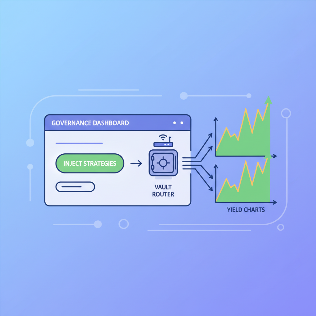 governance dashboard injecting strategies into vault router, yield charts spiking