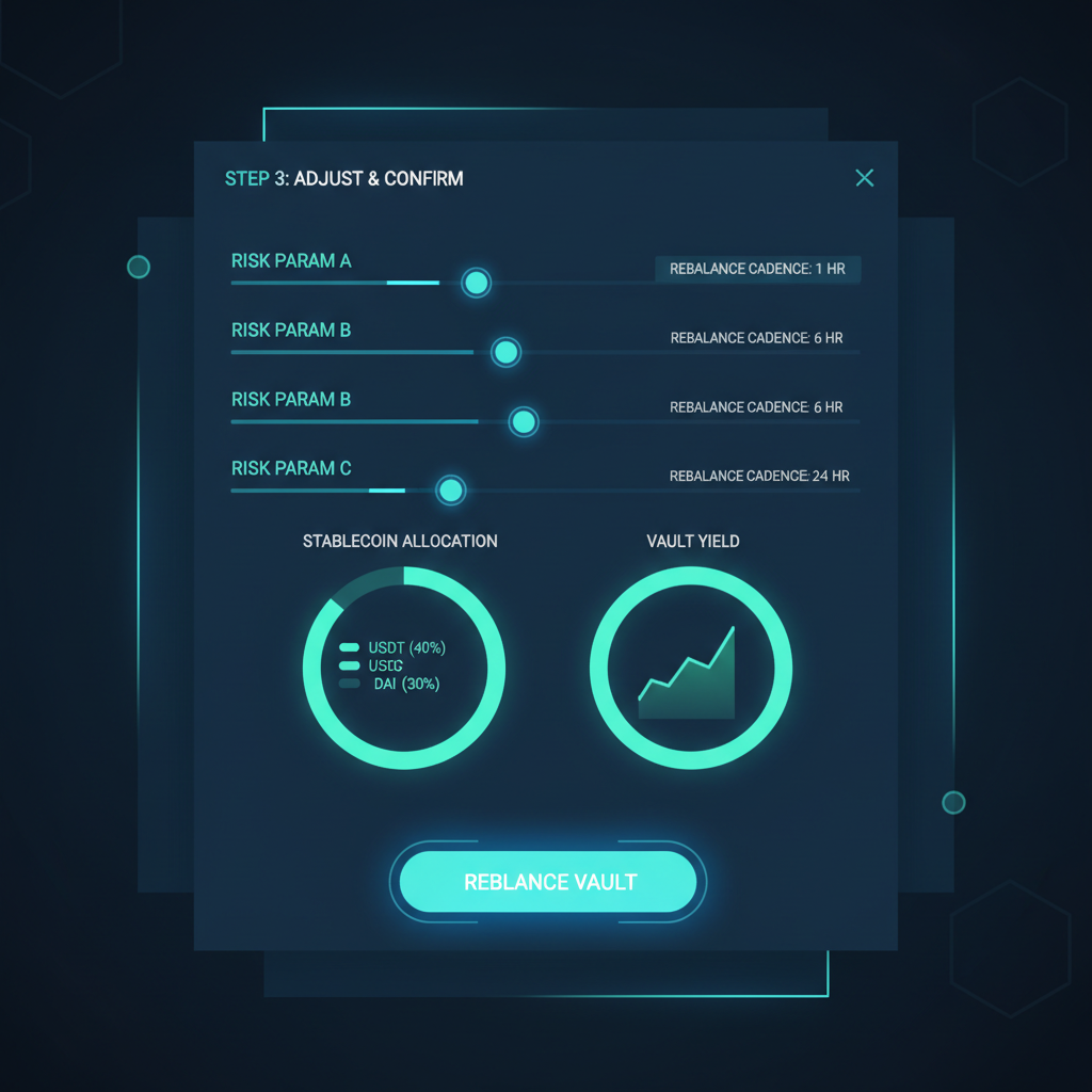 DeFi vault dashboard sliders for risk params rebalance cadence, glowing charts stablecoins