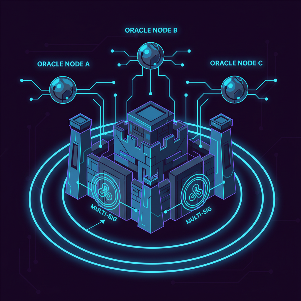 cyber fortress with shields, multi-sig locks, oracle nodes redundant, dark mode