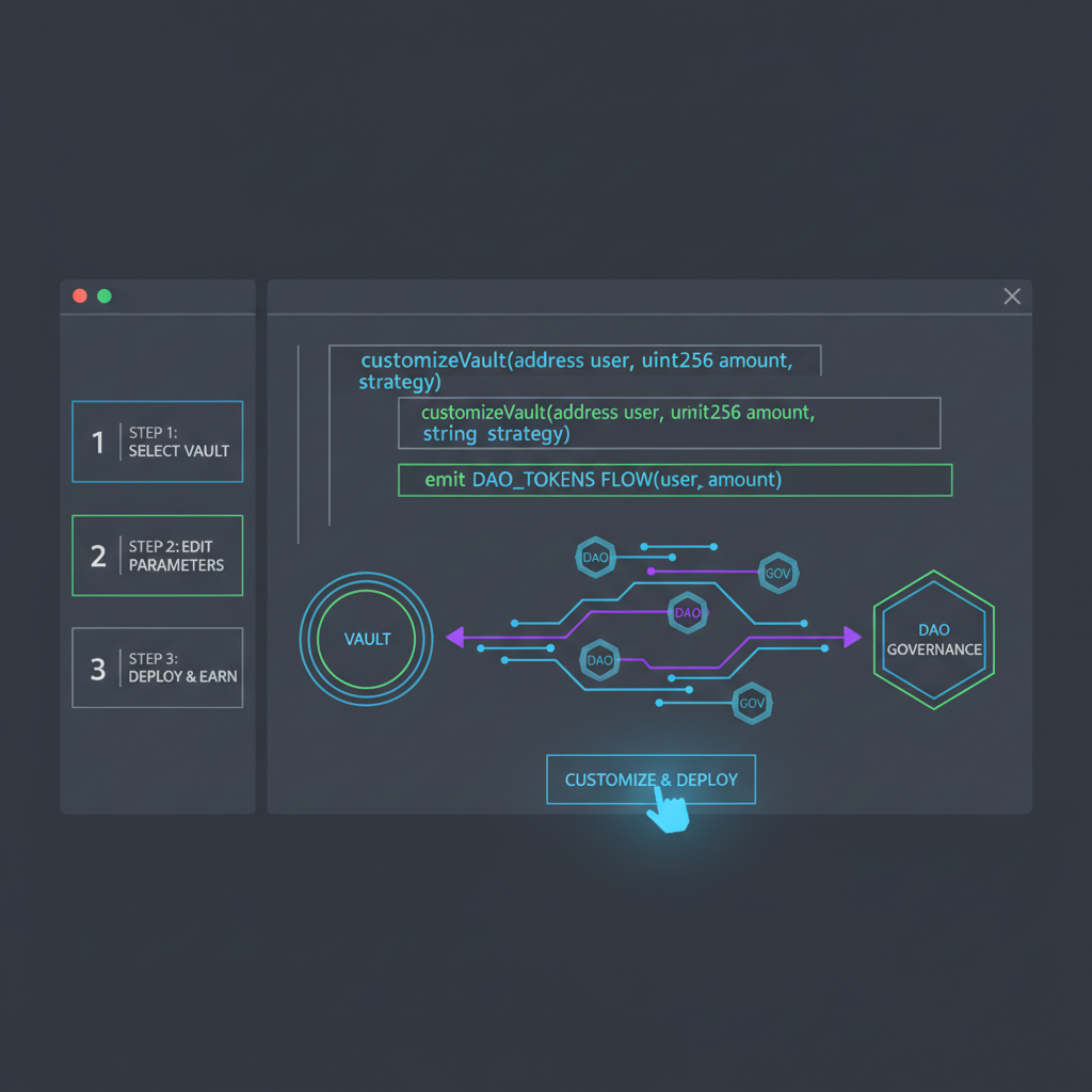 smart contract code editor customizing vault, DAO tokens flowing, futuristic UI
