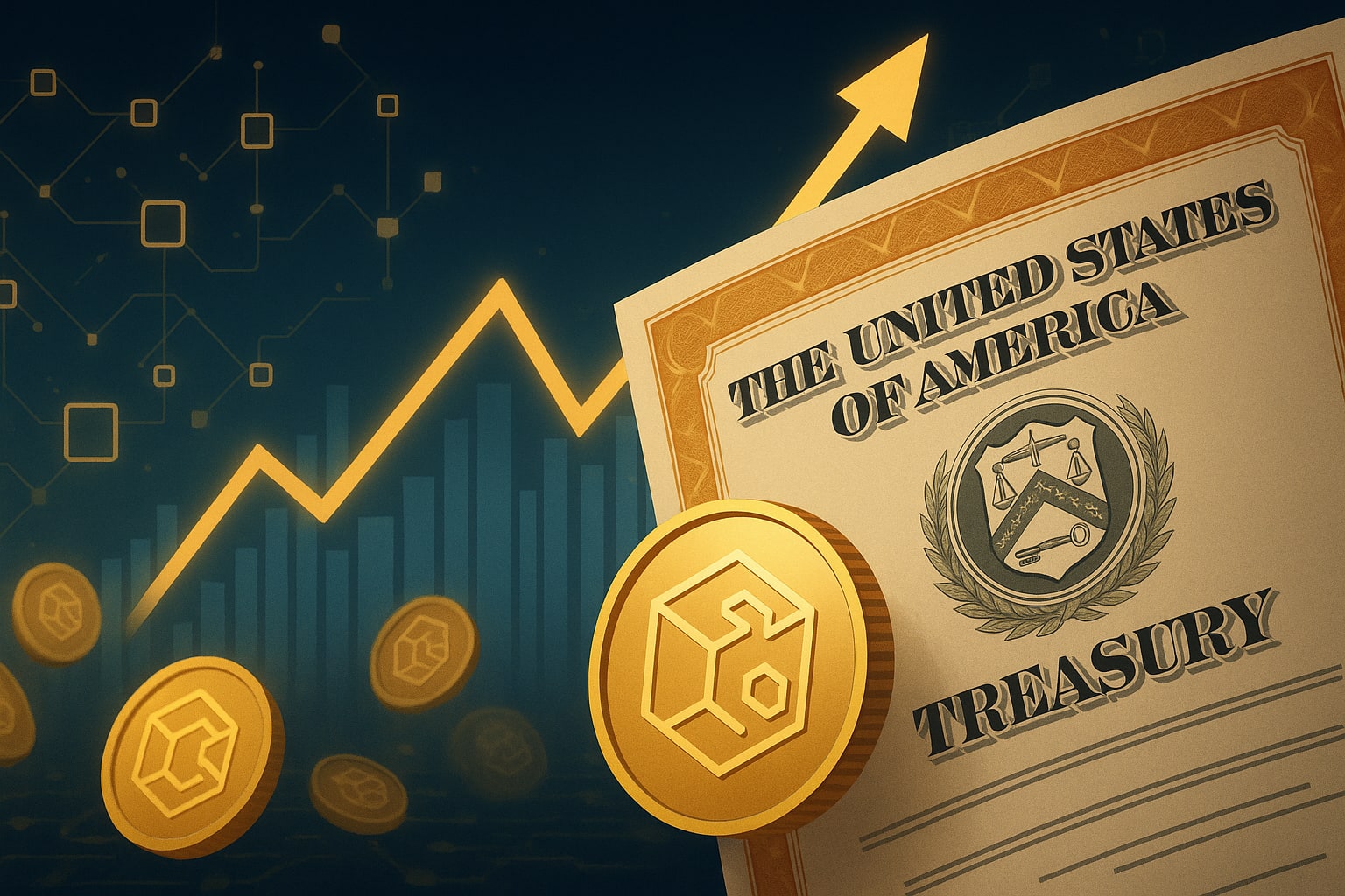 DAO treasury dashboard graphic showing shift from 0% yield stablecoins to 5% tokenized US treasuries, with conceptual growth visuals and on-chain DeFi icons for 2025 optimization