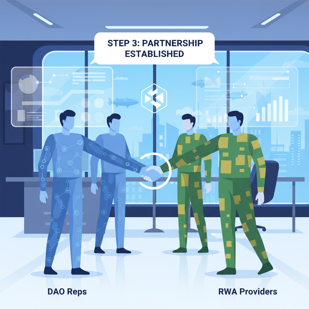 Handshake between DAO reps and RWA providers, professional meeting in futuristic office