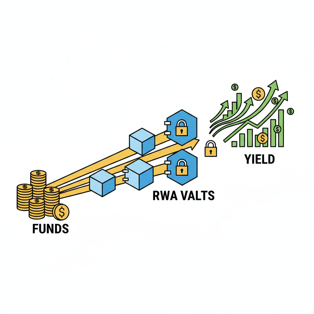 Funds deploying into RWA vaults, money beams and yield graphs exploding upwards