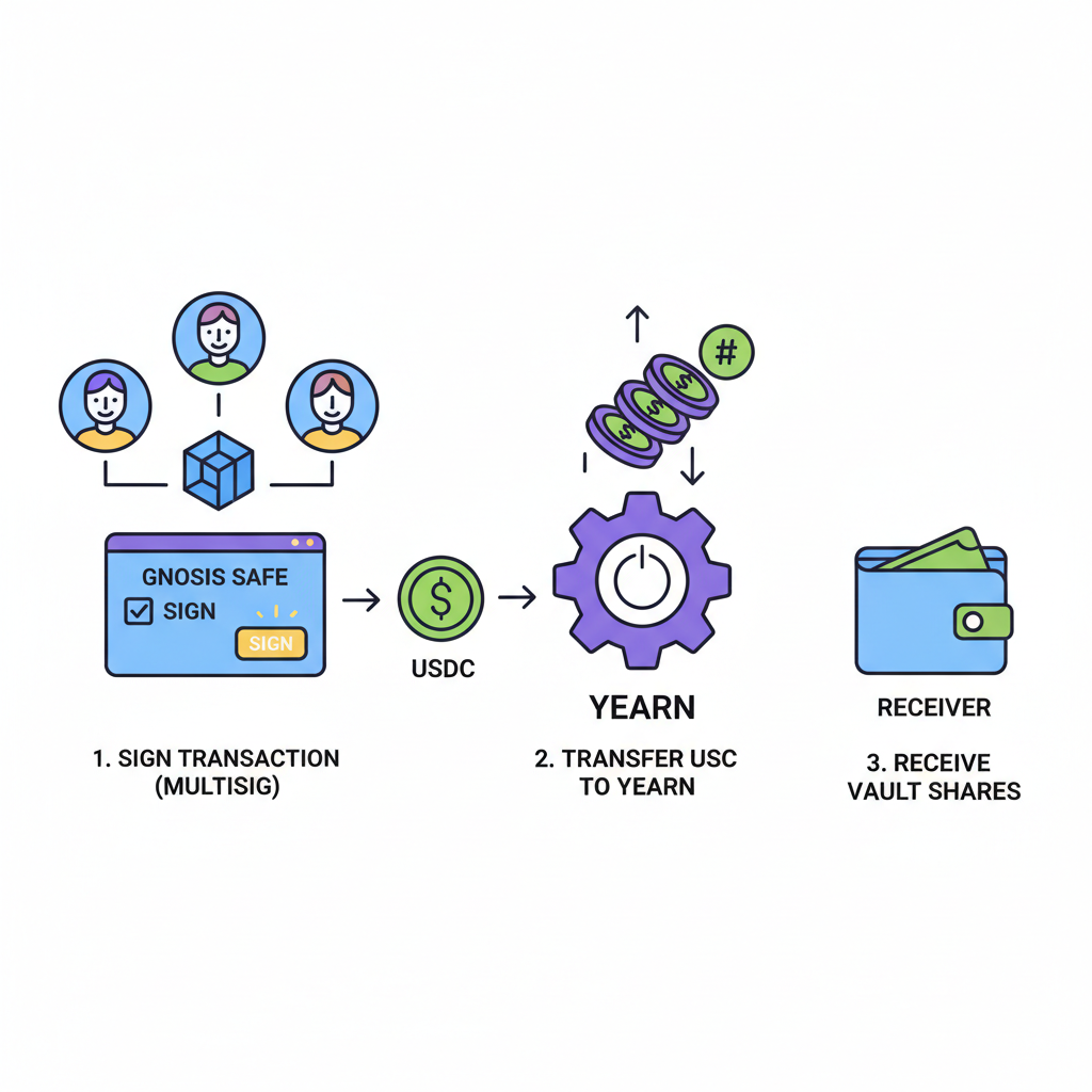 Gnosis Safe multisig signing USDC transfer to Yearn vault, vault shares minting animation