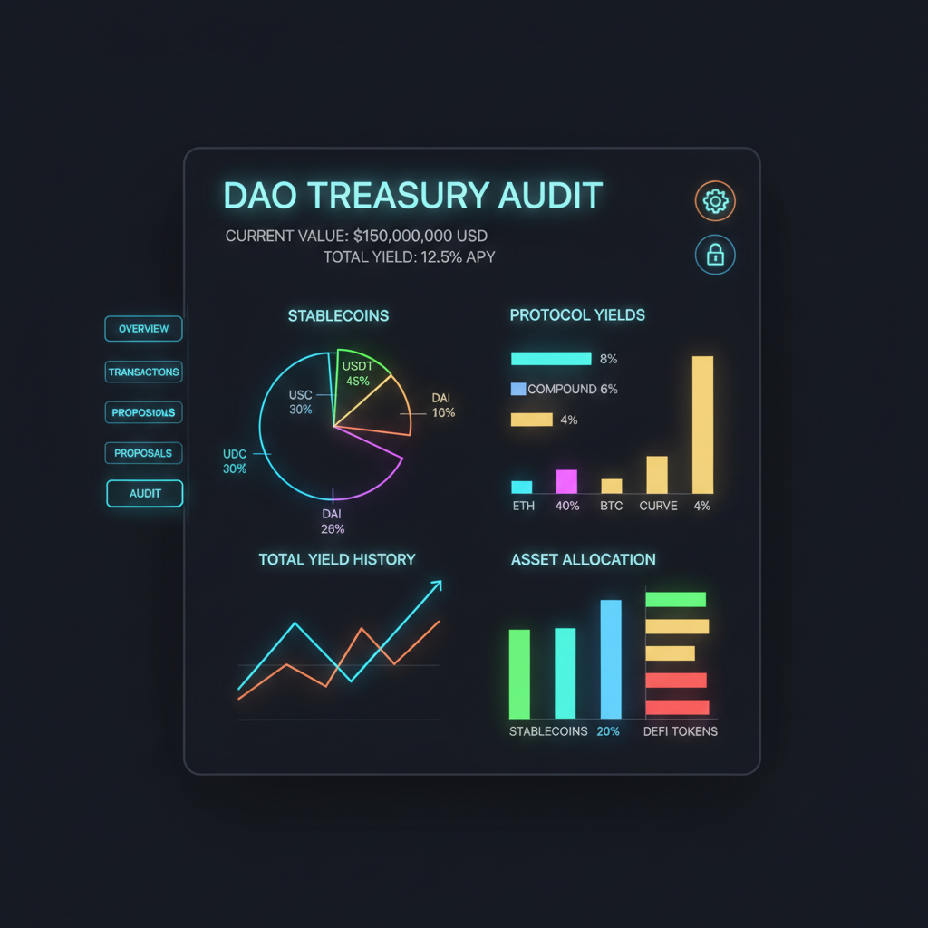 DAO treasury dashboard audit screen with charts of stablecoins and yields, neon crypto style