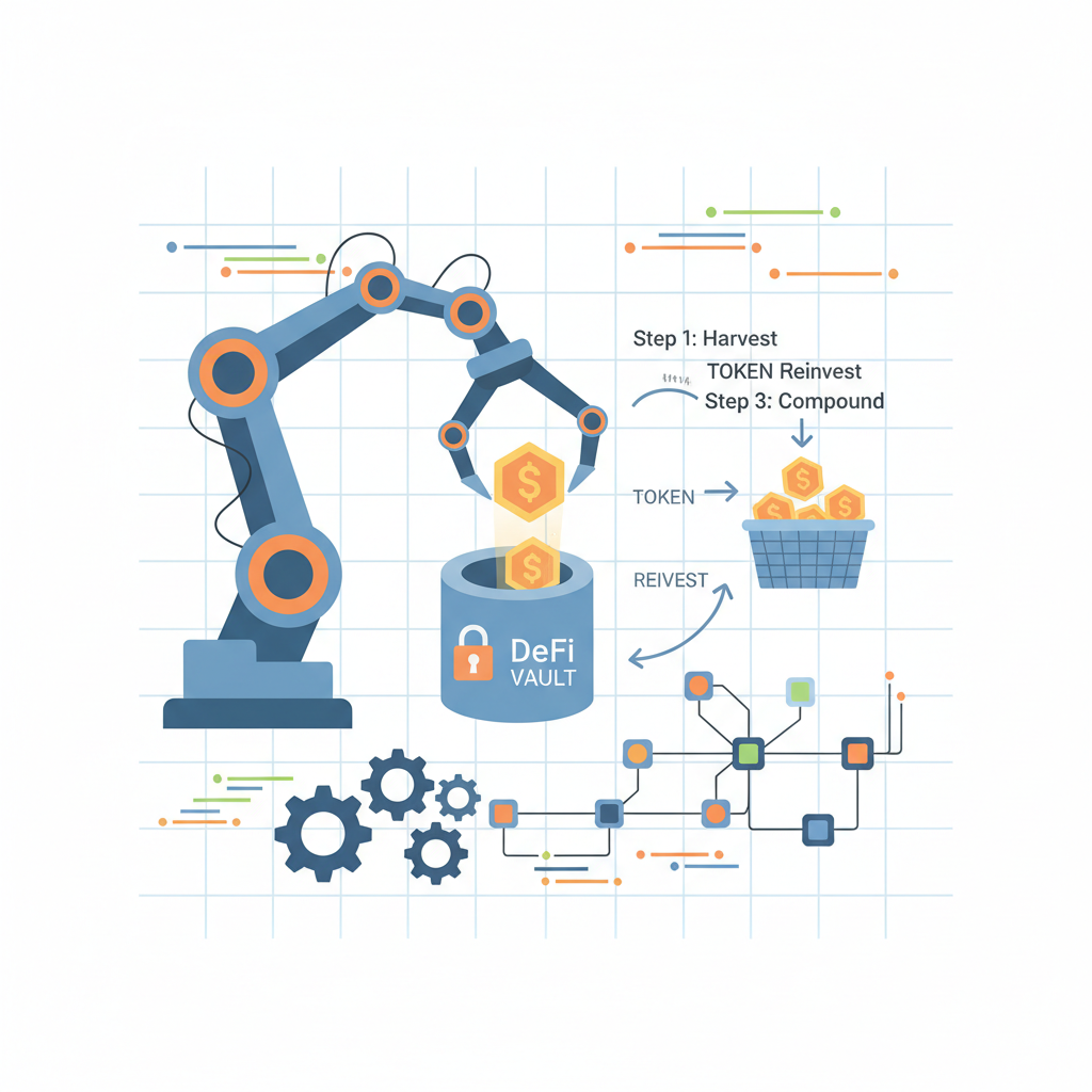 robot arm automating token harvest and reinvest in DeFi vault, gears and blockchain nodes