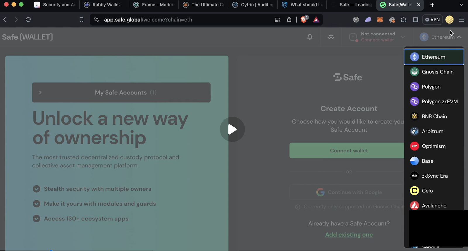 Safe multisig wallet dashboard with access control settings