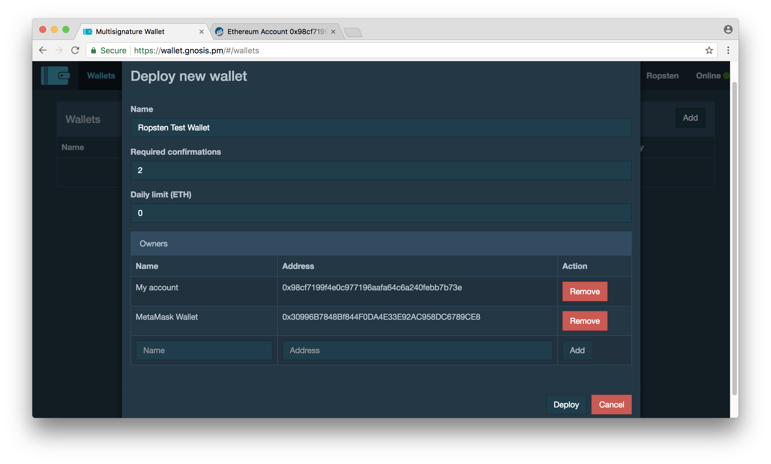 Gnosis Safe multisig wallet interface