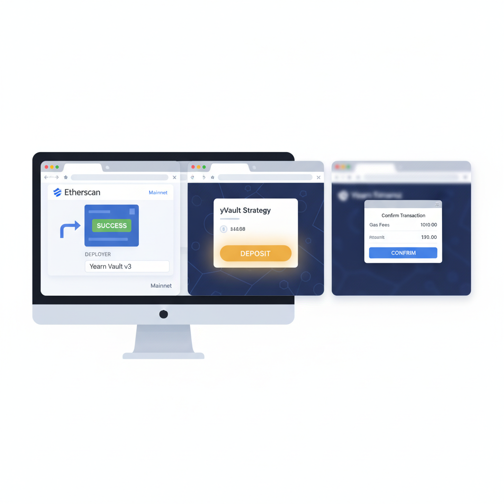 Etherscan transaction deploying to mainnet, Yearn vault interface with deposit button glowing
