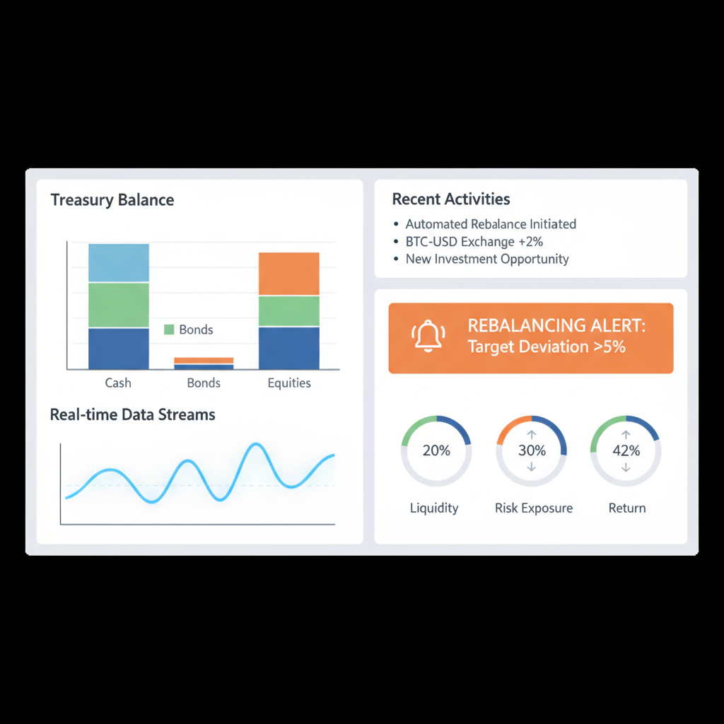Monitoring dashboard graphs treasury balance rebalancing alerts, real-time data streams