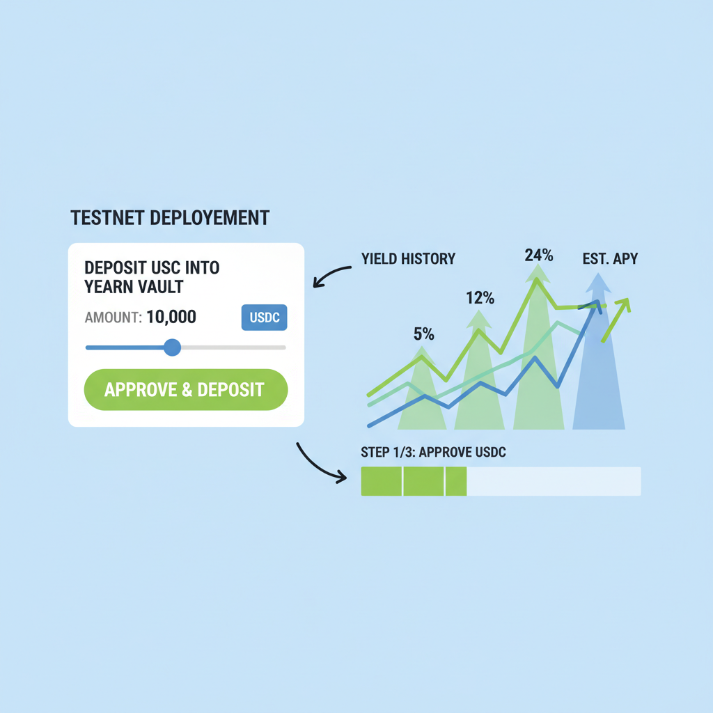 Testnet deployment screen showing USDC deposit into Yearn vault, graphs spiking yields