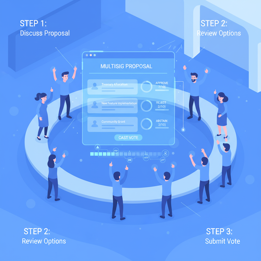 DAO members voting on multisig proposal, blockchain interface, energetic meeting, blue tones