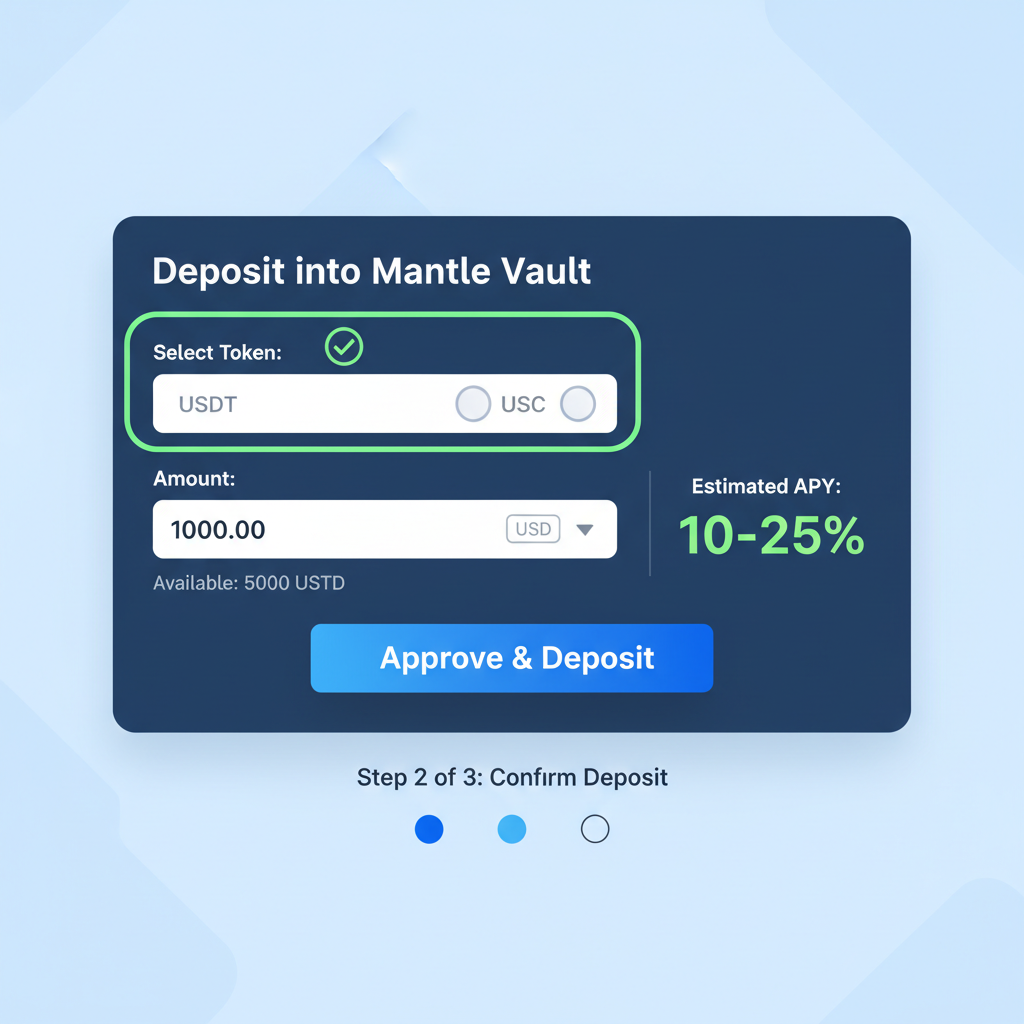 DeFi deposit form selecting USDT USDC amount for Mantle Vault, input fields highlighted, APY display 10-25%, sleek interface