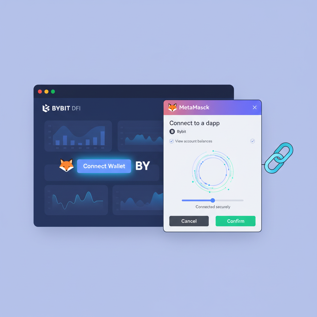 MetaMask wallet connecting to Bybit DeFi platform, wallet popup screen, secure connection animation, modern crypto UI