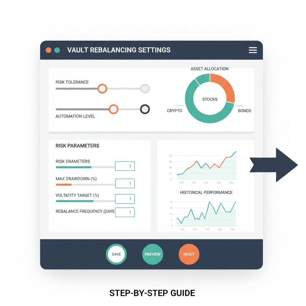 Vault rebalancing settings dashboard with sliders and risk parameters, data visualization