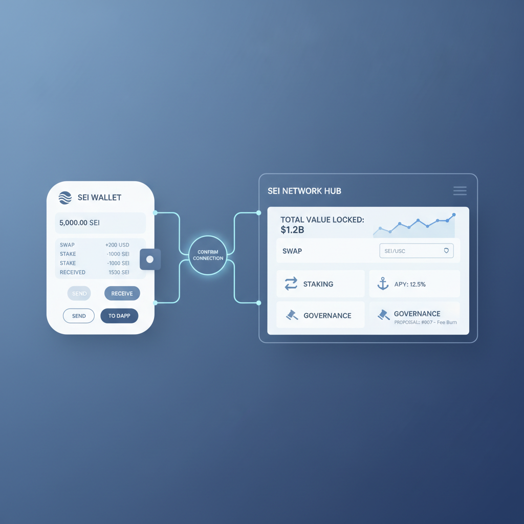 sleek crypto wallet interface connecting to Sei network dashboard, futuristic UI, blue tones, professional DeFi setup