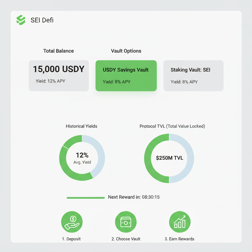 DeFi dashboard on Sei showing USDY balance and vault options, charts with yields, clean modern interface, green accents