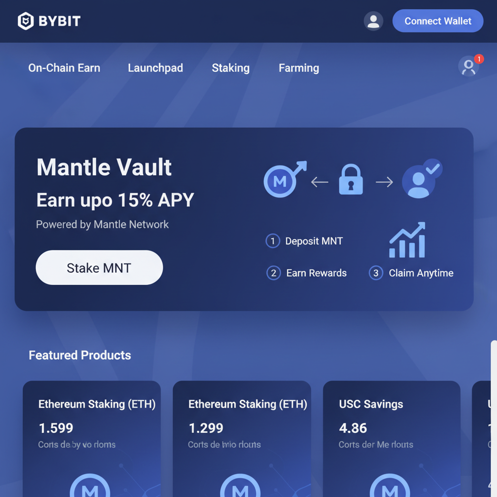 clean UI screenshot of Bybit On-Chain Earn page highlighting Mantle Vault product, professional DeFi interface, blue tones